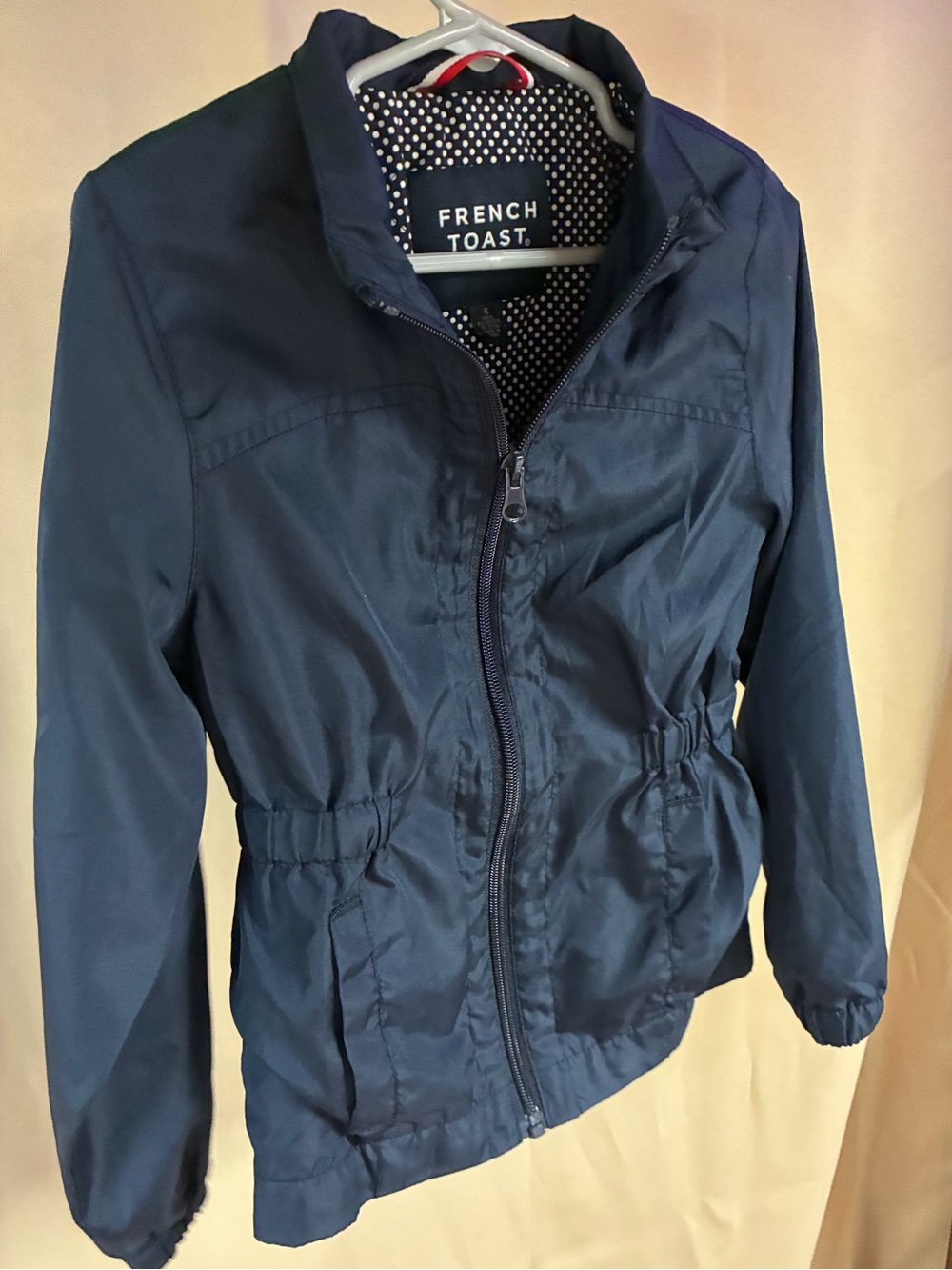 French Toast Navy Blue Light Weight Zip Jacket with Polka Dot Lining